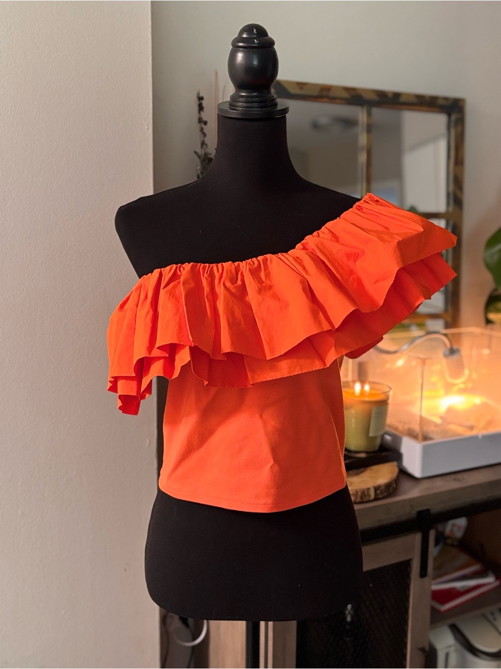 Ruffle One-Shoulder Top in Bright Orange
